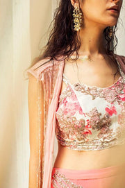 Pink Rose Printed Bustier with Plazzo Pants & Cape
