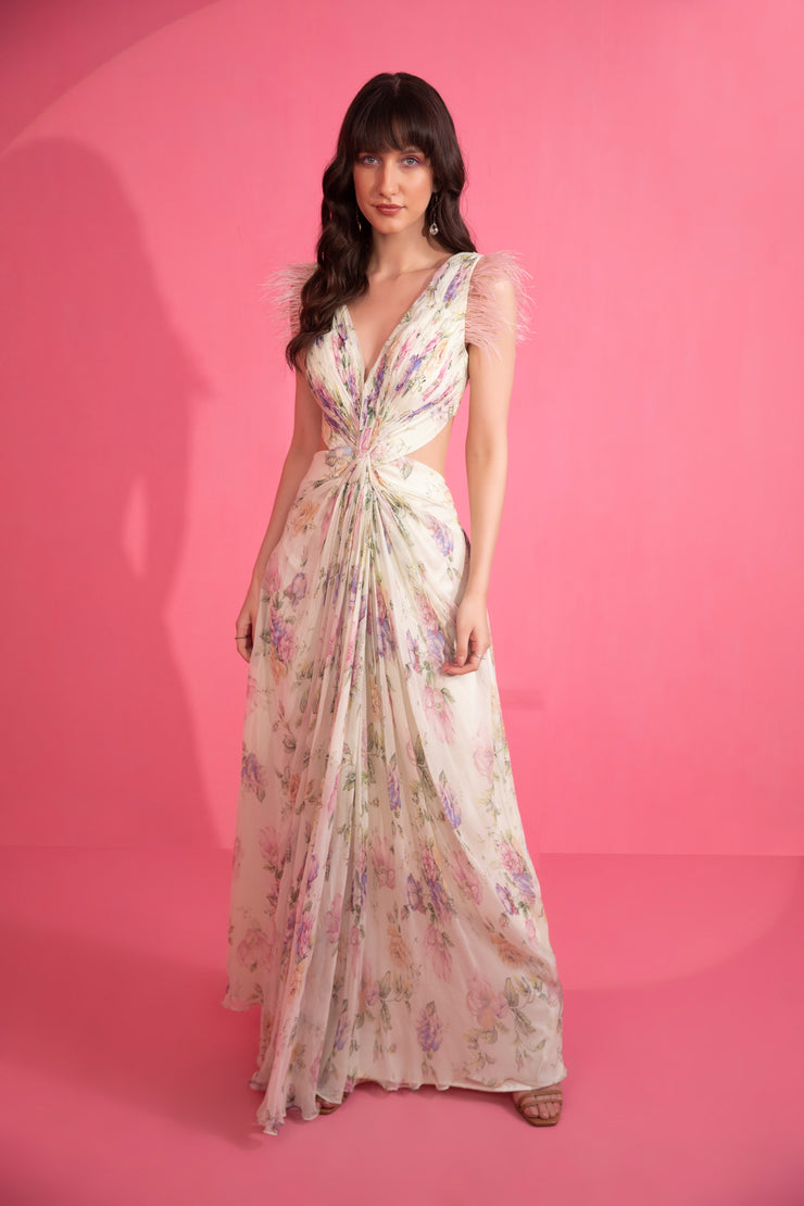 Floral Cutout Gown With Feathers