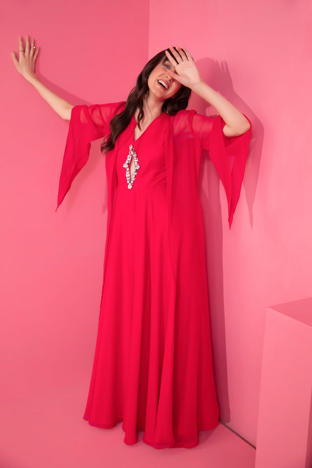 Berry Red Jumpsuit With Long Cape
