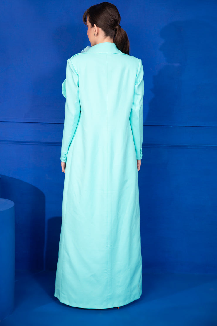 Aqua Blue Ruffled Top, Culottes & Blazer Set