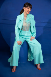 Aqua Blue Ruffled Top, Culottes & Blazer Set