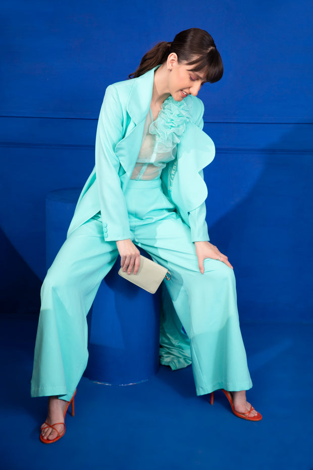 Aqua Blue Ruffled Top, Culottes & Blazer Set