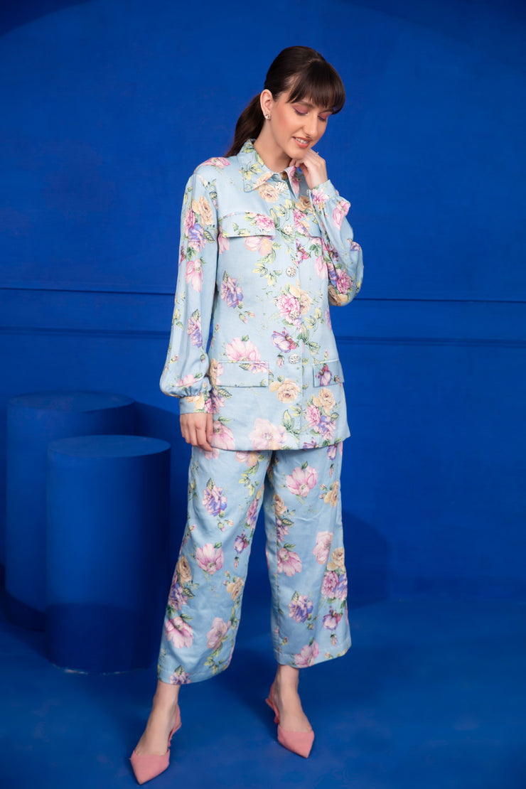 Floral Printed Over Shirt & Culottes Set