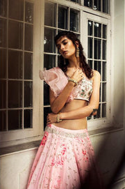 Rose Pink Ruffle Blouse with Printed Lehenga Skirt Set