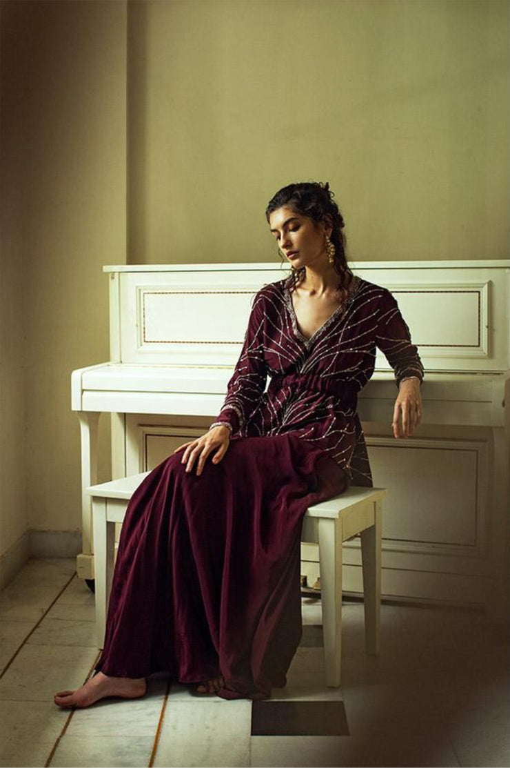 Deep Marsala Peplum Top with Drape Skirt