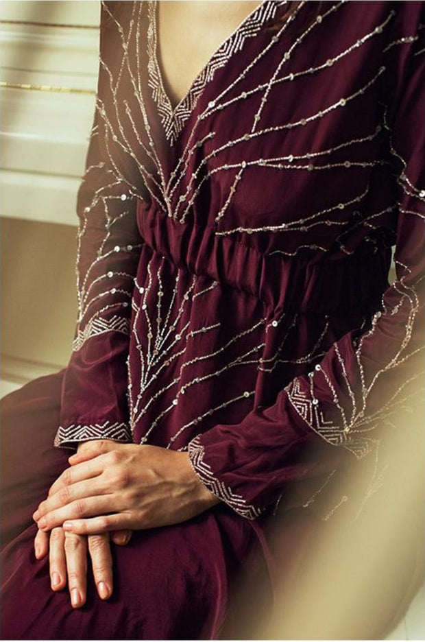 Deep Marsala Peplum Top with Drape Skirt