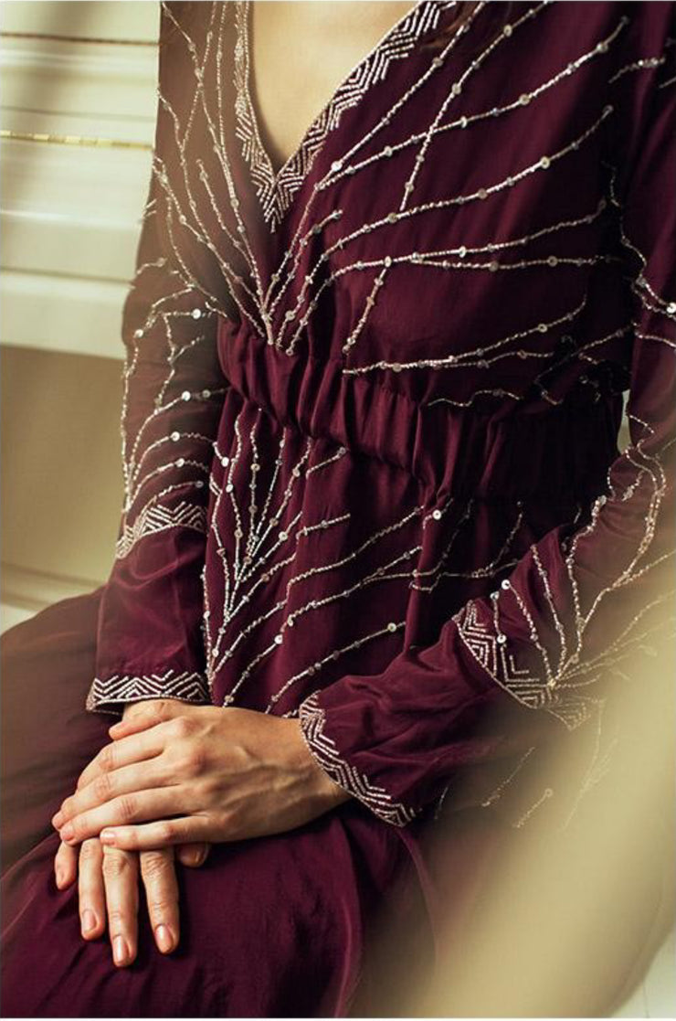 Deep Marsala Peplum Top with Drape Skirt