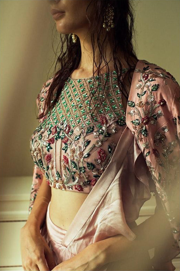 Dusty Pink and Beige Ruffle Embroidered Drape Saree with Jacket