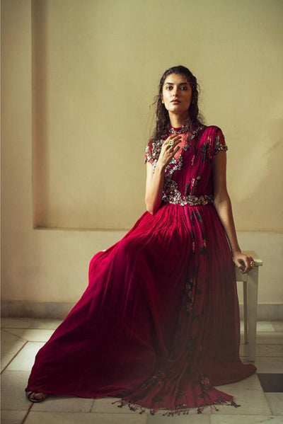 Sangria Pink Draped Anarkali with Belt