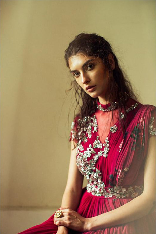 Sangria Pink Draped Anarkali with Belt