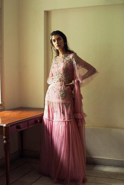 Pink Embellished Kurta with Sharara Pants Set