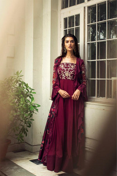 Sangria Pink Anarkali with Printed Ruffled Jacket