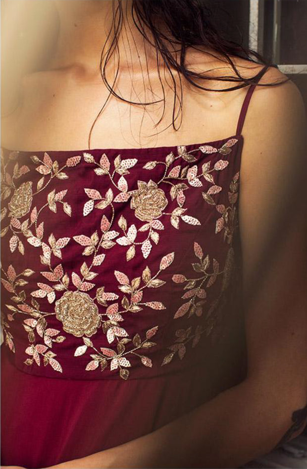 Sangria Pink Anarkali with Printed Ruffled Jacket