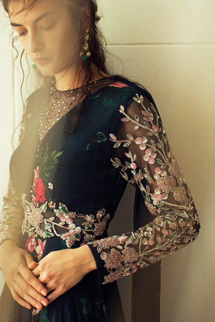 Dark green Printed Jumpsuit with Embroidered Sleeves & Drape