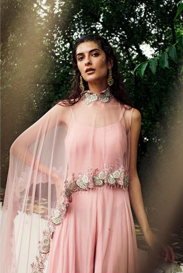 Tea Pink Jumpsuit with Ruffled Cape