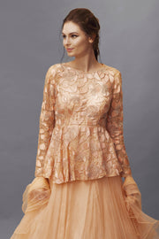 Peach Embroidered Peplum Top and Skirt Set