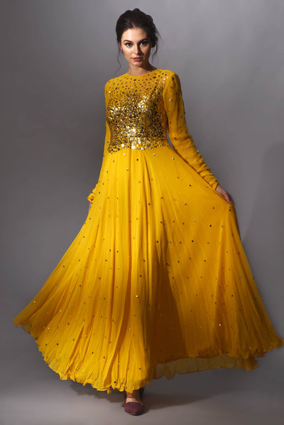 Mango Yellow Anarkali with Gold Embroidery