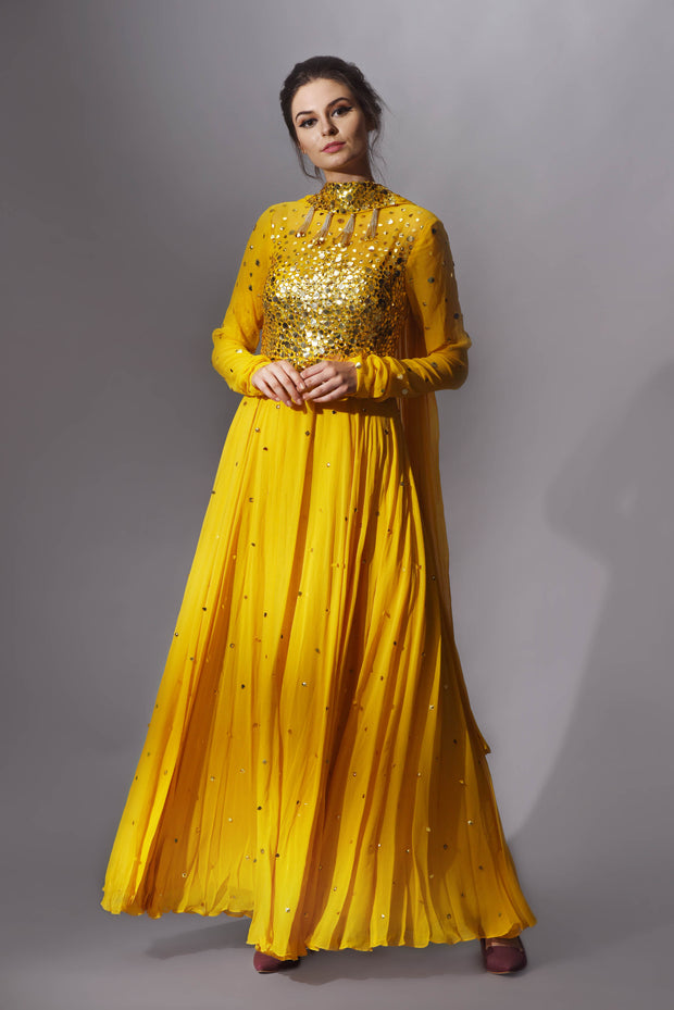Mango Yellow Anarkali with Gold Embroidery