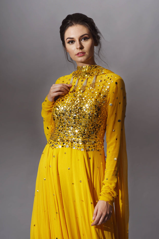 Mango Yellow Anarkali with Gold Embroidery