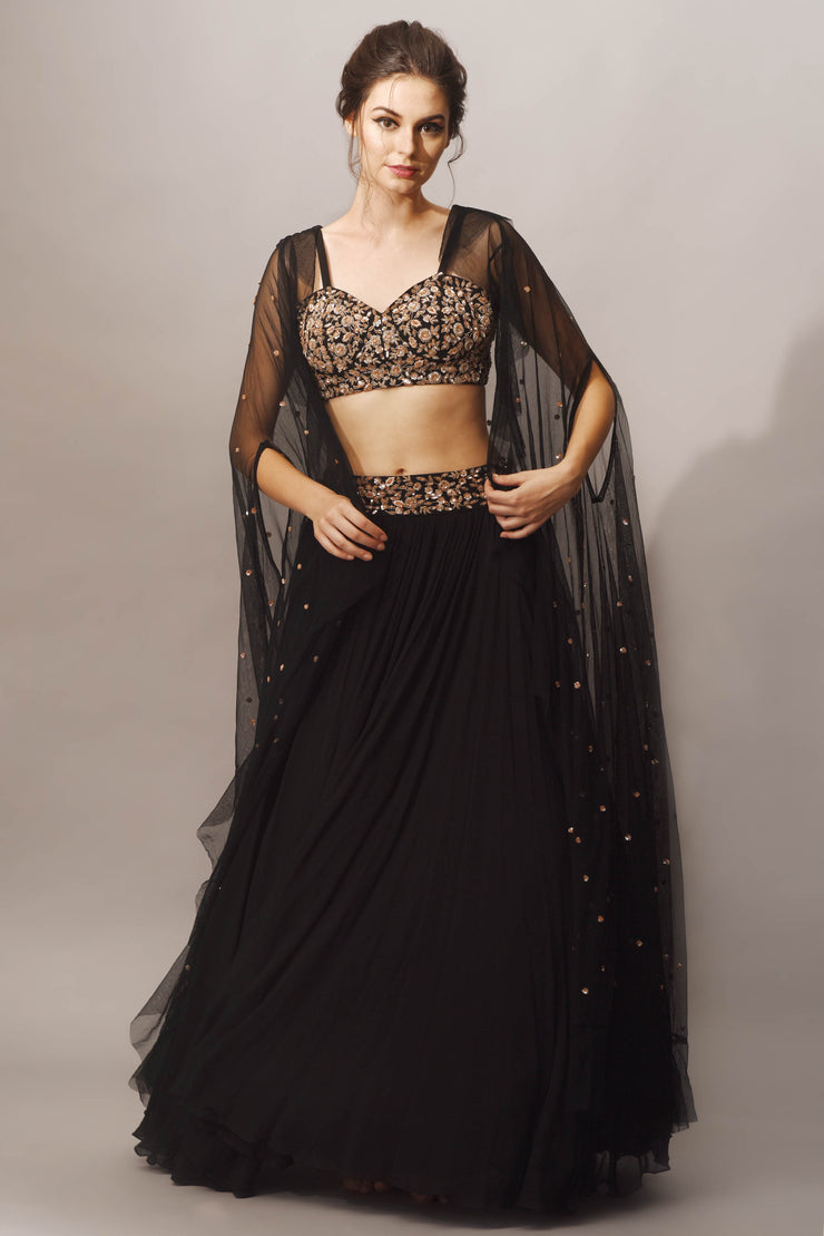 Black Cutdana Embroidered Top with Skirt & Ruffle Cape