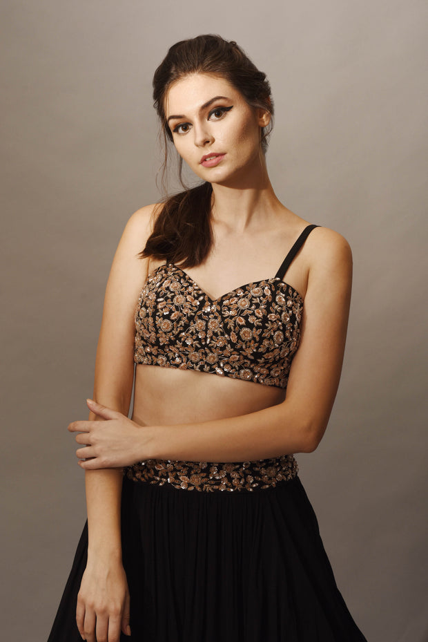 Black Cutdana Embroidered Top with Skirt & Ruffle Cape