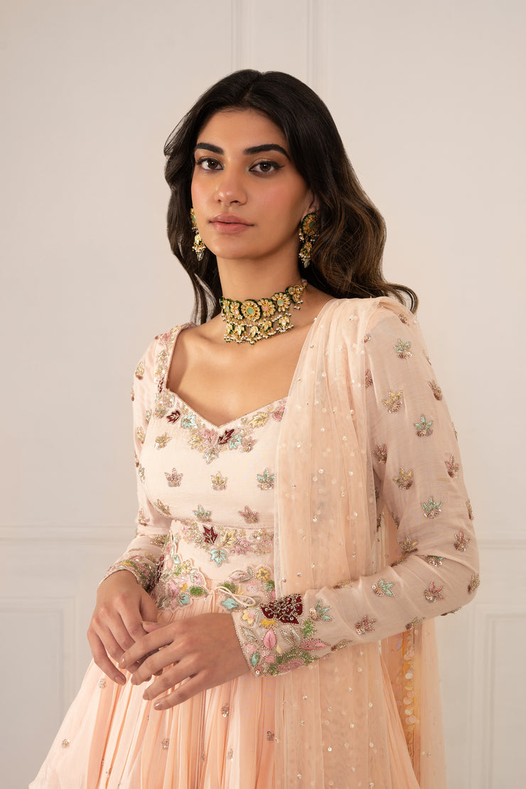 Tea Pink Peplum, Gharara Set With Belt & Dupatta