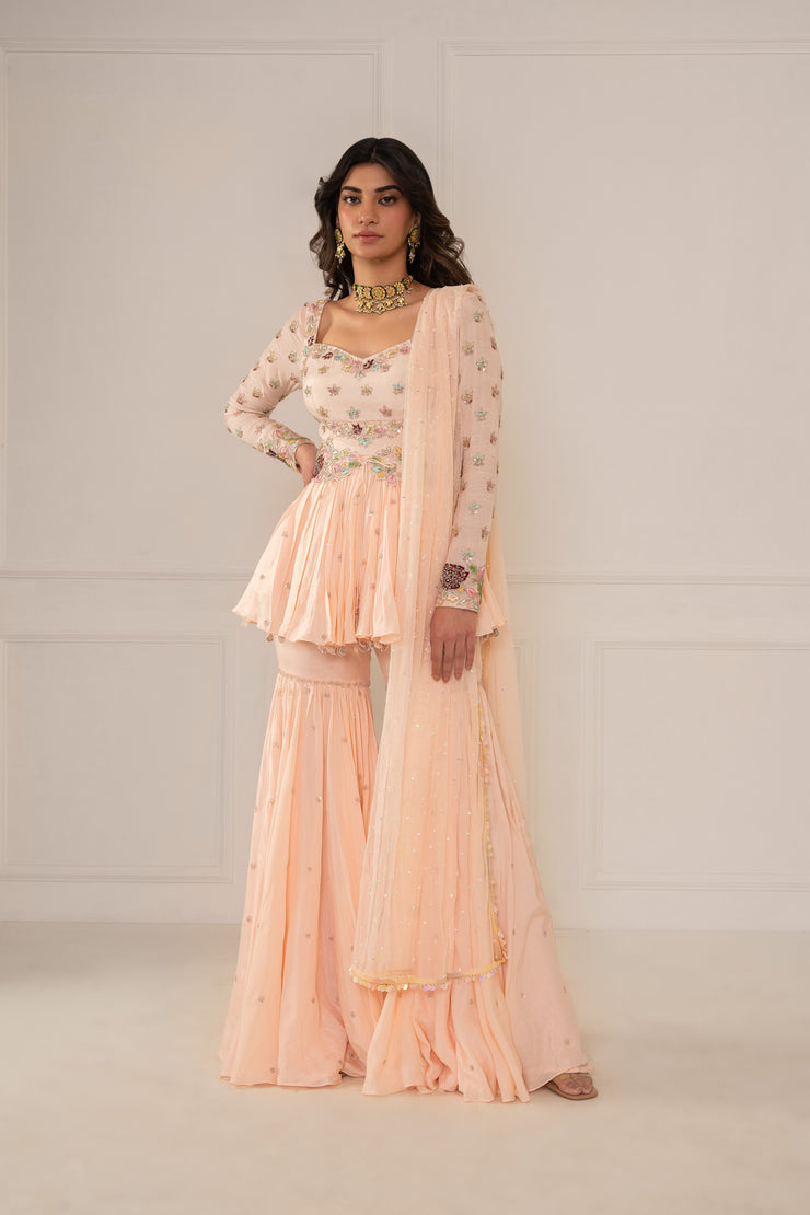 Tea Pink Peplum, Gharara Set With Belt & Dupatta