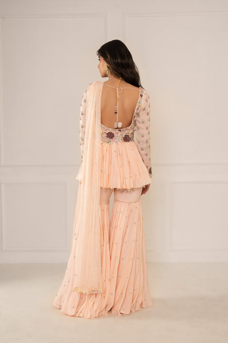 Tea Pink Peplum, Gharara Set With Belt & Dupatta