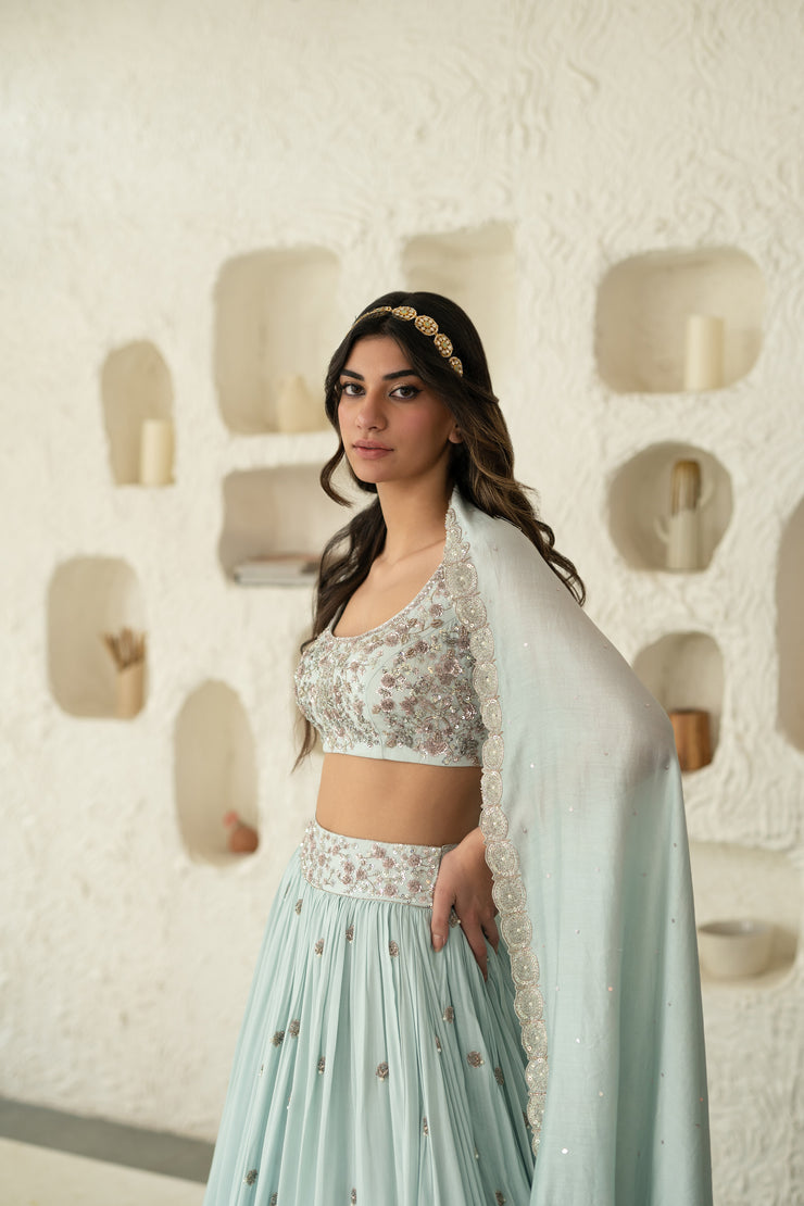 Ice Blue Lehenga Set With Dupatta