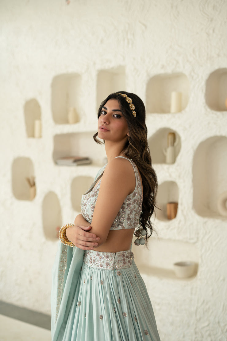Ice Blue Lehenga Set With Dupatta
