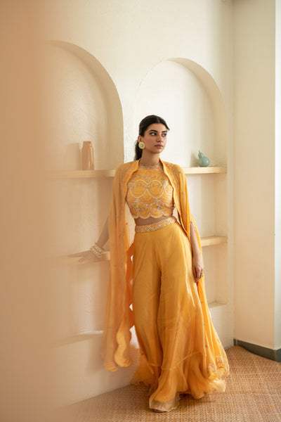 Sunshine Yellow Sharara, Blouse & Cape Set