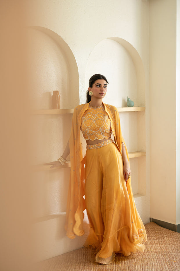 Sunshine Yellow Sharara, Blouse & Cape Set
