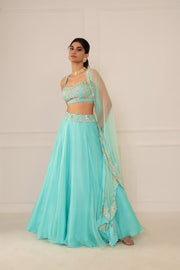 Turqoise Blouse, Lehenga & Dupatta Set