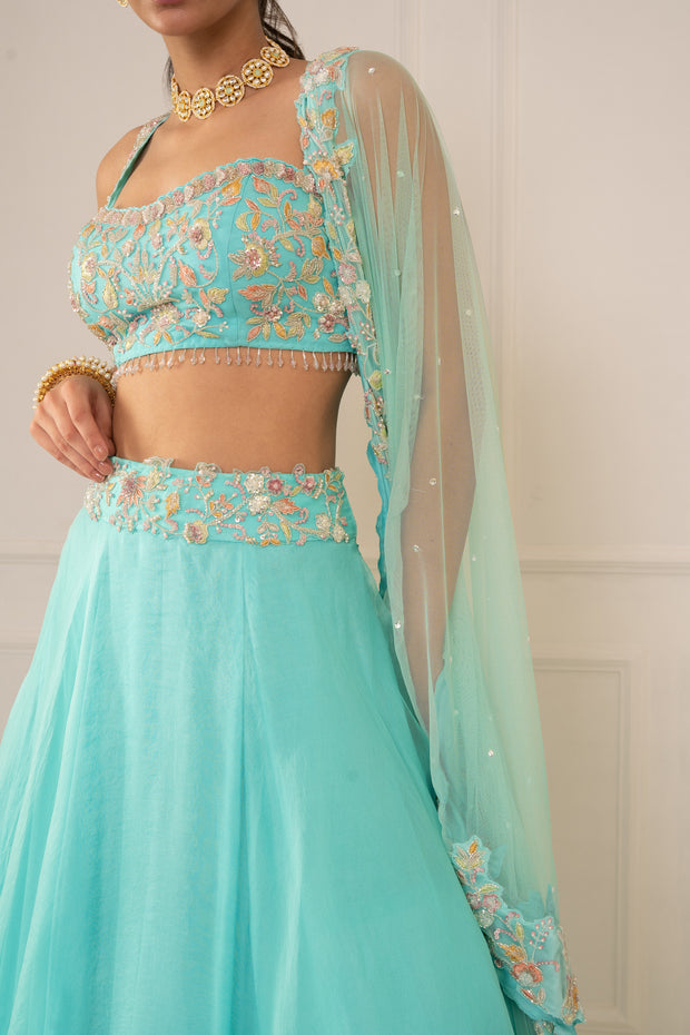Turqoise Blouse, Lehenga & Dupatta Set