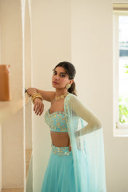 Turqoise Blouse, Lehenga & Dupatta Set