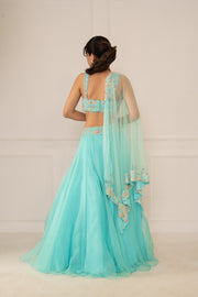 Turqoise Blouse, Lehenga & Dupatta Set