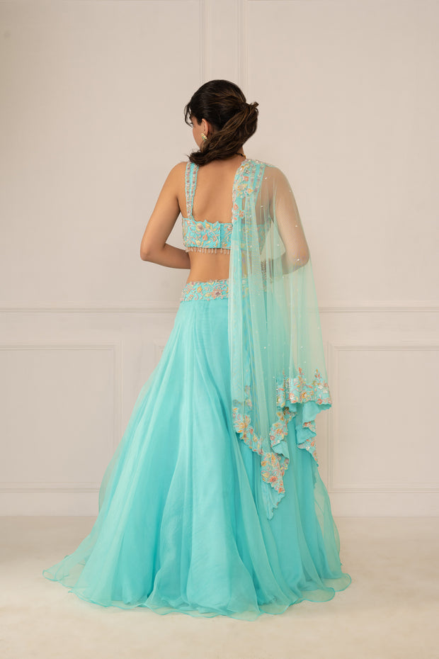 Turqoise Blouse, Lehenga & Dupatta Set