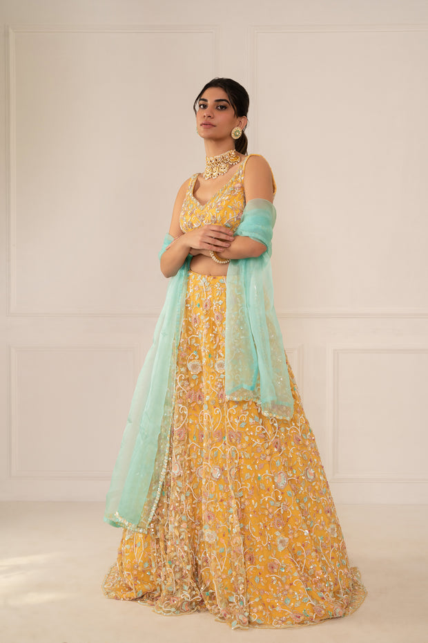 Sunshine Yellow Lehenga Set With Turqoise Dupatta