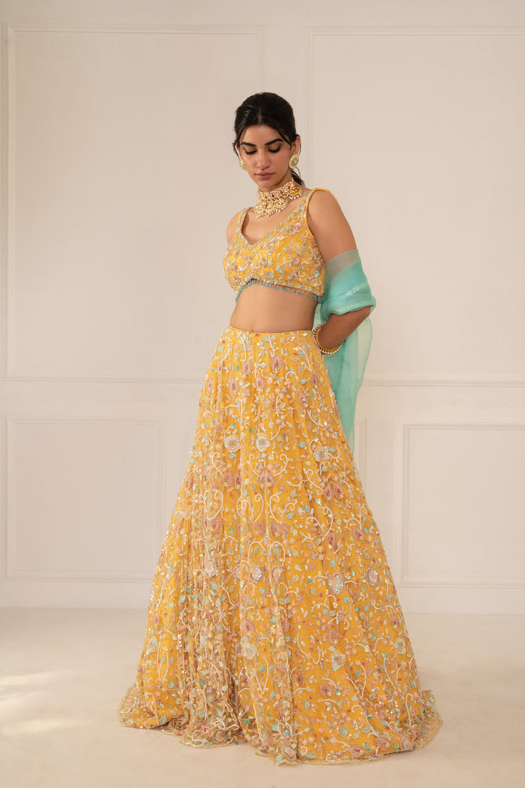 Sunshine Yellow Lehenga Set With Turqoise Dupatta