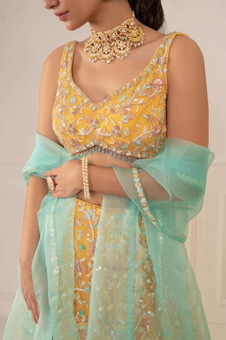 Sunshine Yellow Lehenga Set With Turqoise Dupatta