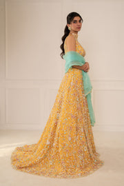 Sunshine Yellow Lehenga Set With Turqoise Dupatta