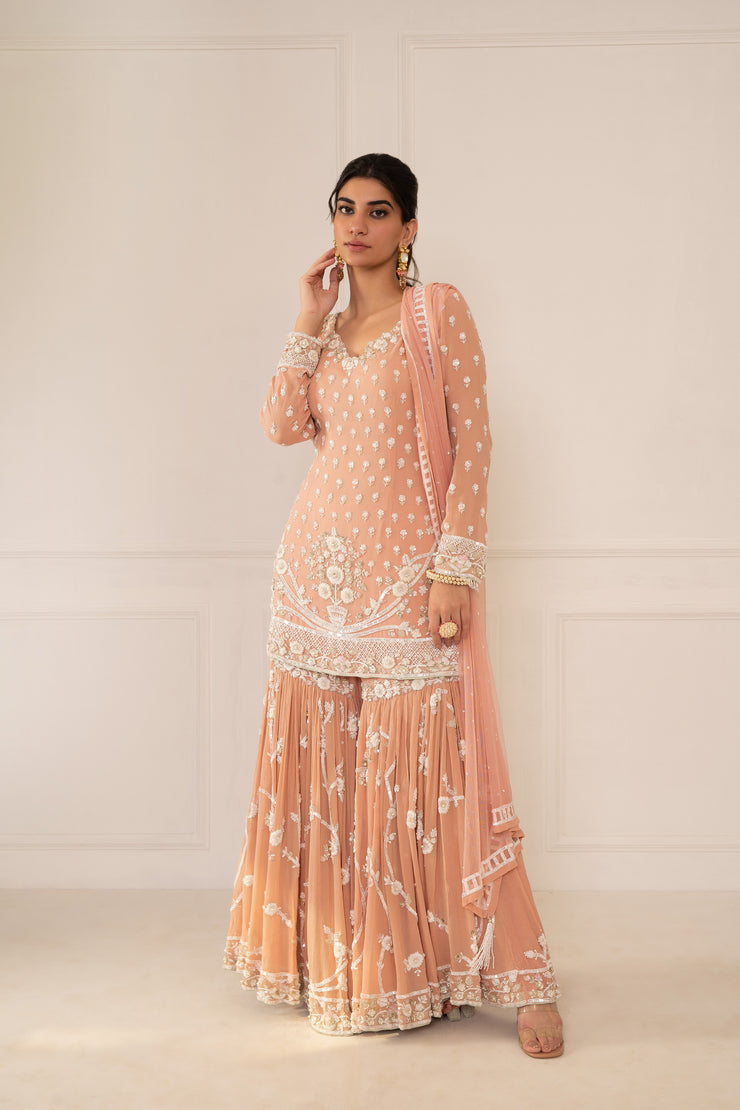 Peach Pink Embroidered Shirt & Gharara Set With Dupatta