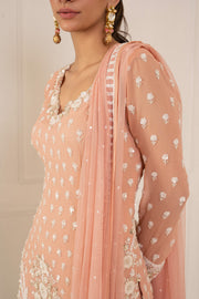 Peach Pink Embroidered Shirt & Gharara Set With Dupatta