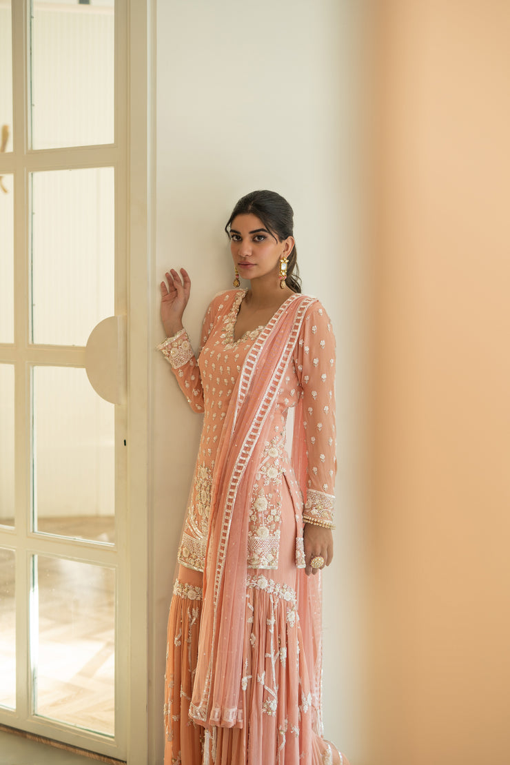 Peach Pink Embroidered Shirt & Gharara Set With Dupatta