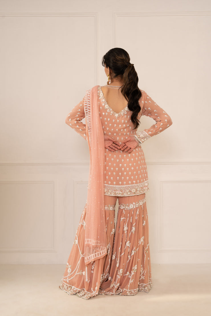 Peach Pink Embroidered Shirt & Gharara Set With Dupatta