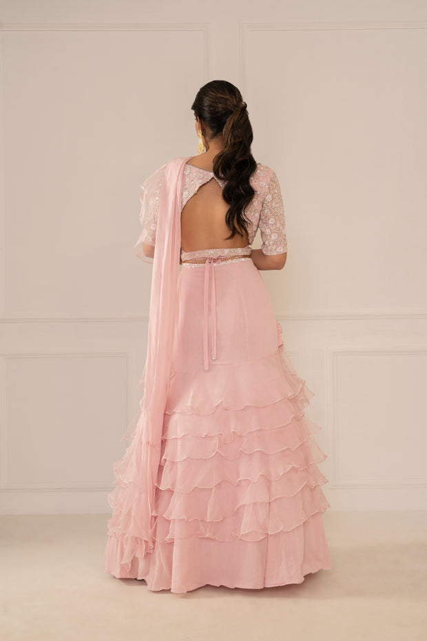 Pirouette Pink Ruffle Saree With Blouse & Belt-Bag