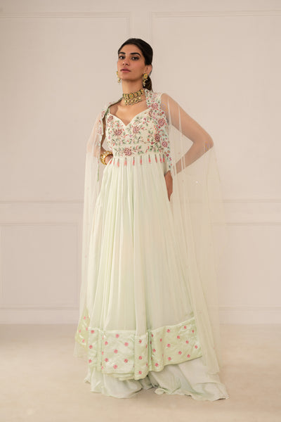 Mint Green Anarkali Set With Palazzo & Capestyle Dupatta