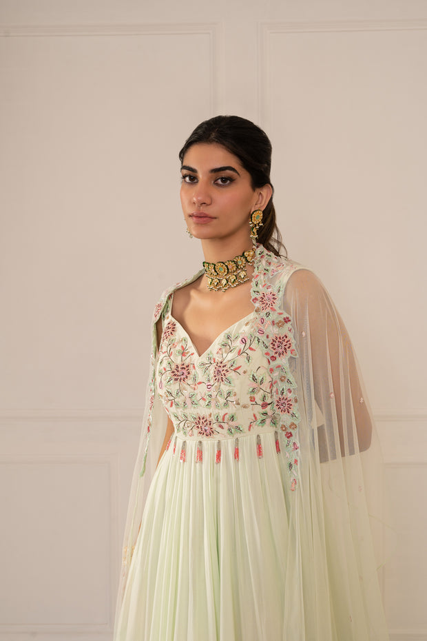 Mint Green Anarkali Set With Palazzo & Capestyle Dupatta