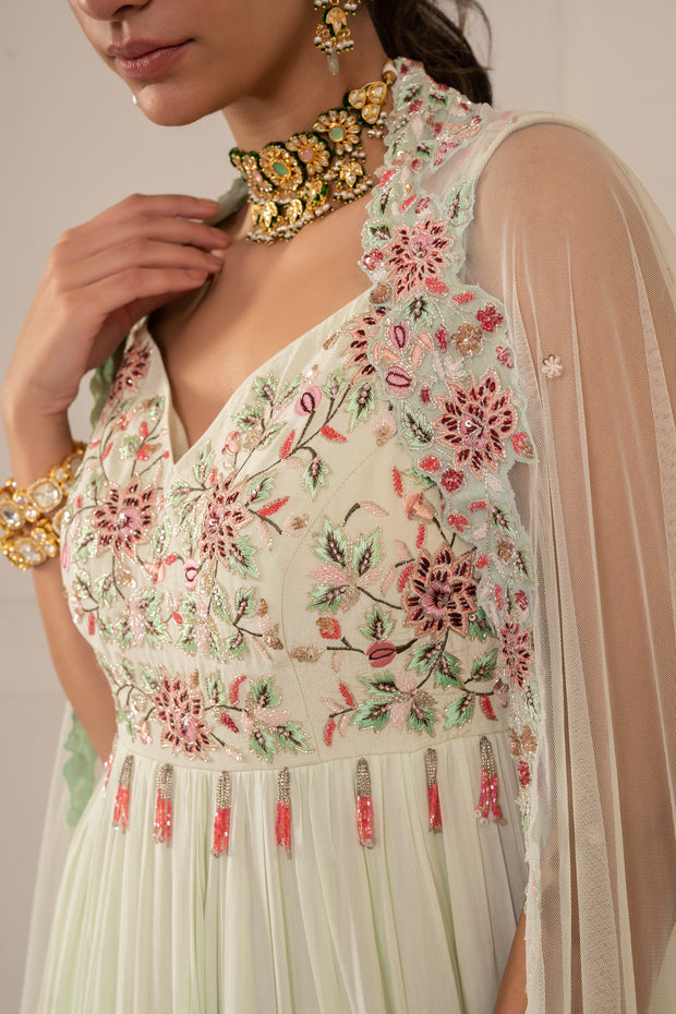 Mint Green Anarkali Set With Palazzo & Capestyle Dupatta