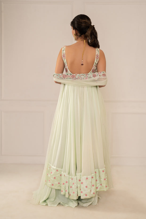 Mint Green Anarkali Set With Palazzo & Capestyle Dupatta